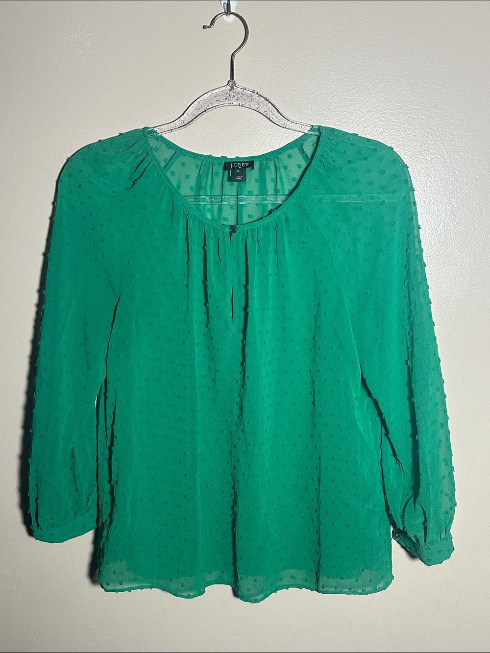 J Crew XS Kelly Green Swiss Dot Semi Sheer Top